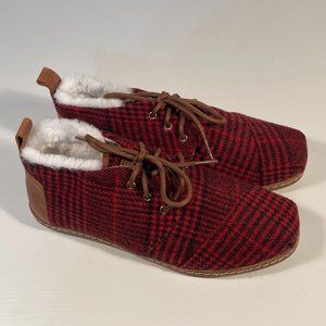 Toms Botas Red Black Herringbone, Faux Fur Lined Booties Flats Women Size 8